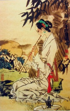 中国の伝統芸術 Painting - シャオの伝統的な中国語を演奏する女の子